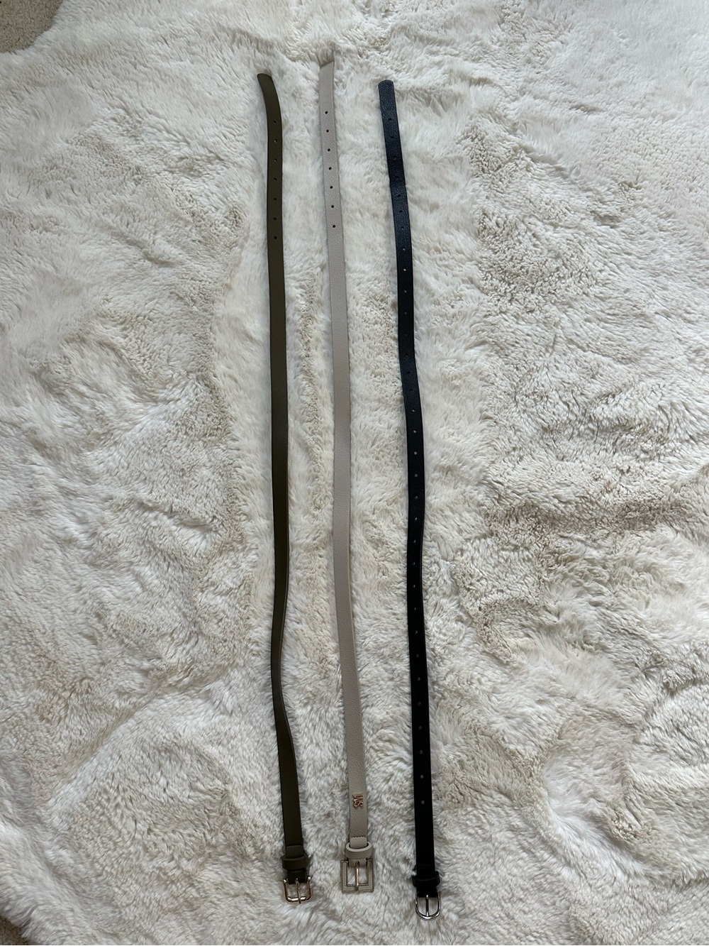 Steve Madden Set of Three Slim Leather Belts in Black, Taupe, and Olive